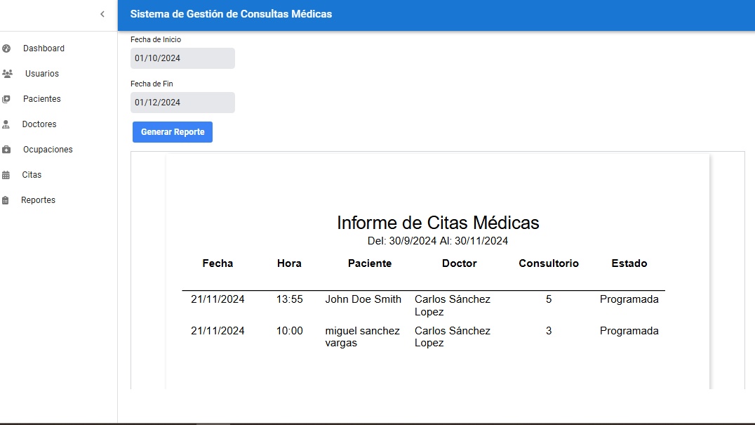 Reporte del sistema de citas medicas