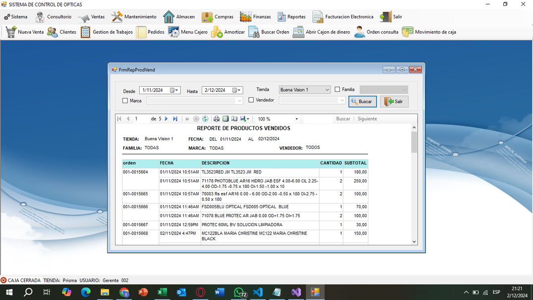 Vista administrativa del ERP optico